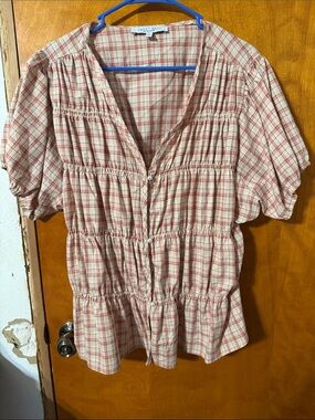 Sweet Rain Cream and Pink Plaid Button-Front Peplum Top